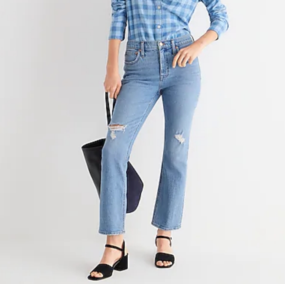 J.Crew mid rise cropped kicked leg hem jeans, 33", blue